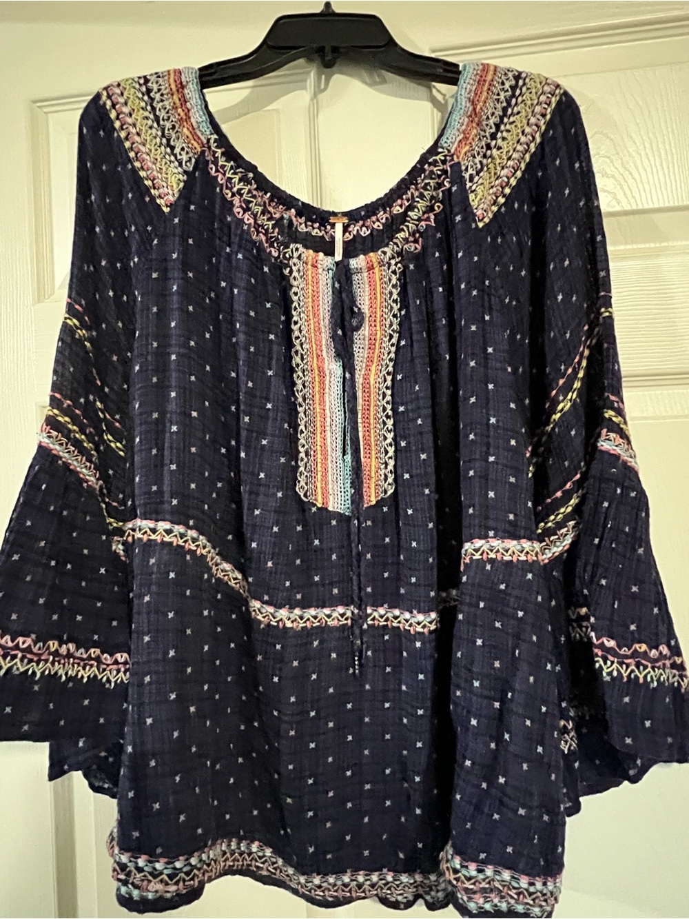 Free People Navy Embroidered Boho Top